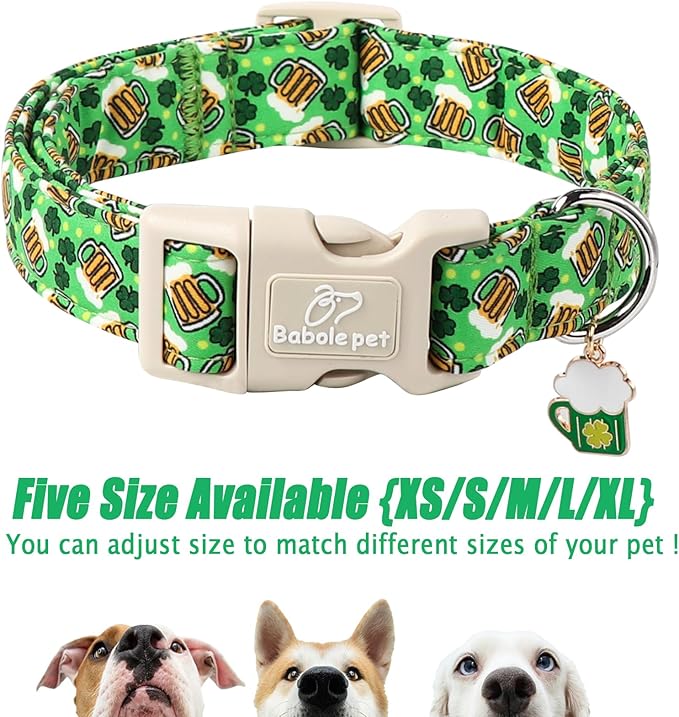 St Patricks Day Dog Collar for Medium Dogs - Green Beer Shamrock Dog Collars for Boys&Girls Dogs, Adjustable Irish Clover Puppy Collar with Quick Release Buckle M
