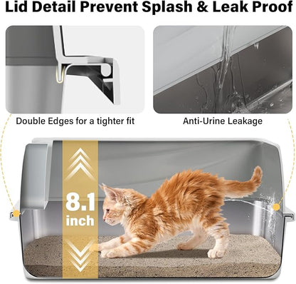 Stainless Steel Litter Box with Lid,Open Top Low Entry Litter Box, Metal Kitty Litter Box for Medium/Small Cats,Odor Control,Anti-Leakage, Non-Sticky, Includes Mat&Scoop,17.5x13.6x8in,