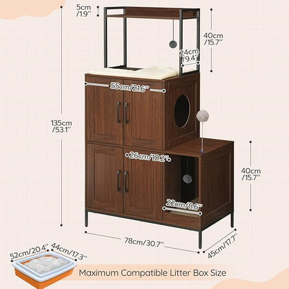 HOOBRO Litter Box Enclosure, Litter Box Furniture with Storage, 2-in-1 Hidden Cat Furniture with Shelf, 2 Dangling Plush Balls and 1 Toy Ball, Large Wooden Cat Washroom, Walnut WL78MW01