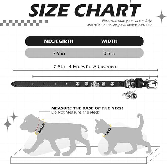 EXPAWLORER Leather Cat Collar for Girl Boy- Adjustable Pet Collar with Safety Elastic Belt,Personalized Punk Accessories Buckle Collars with Bell & Durable D-Ring,Rivet(Black)