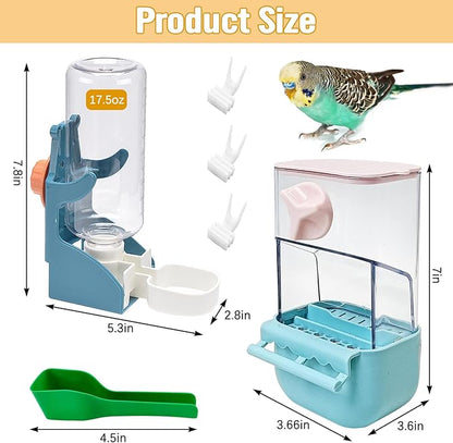 BNOSDM Automatic Bird Feeder Water Dispenser Set No Mess Bird Cage Feeders Parrot Cage Accessories Transparent Seed Food Container with Perch for Finches Parakeets Budgies Lovebirds Canaries (Blue)