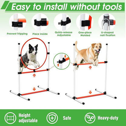 Dog Agility Course Backyard Set, Dog Agility Equipment, Pet obstacle Course Backyard with 6 Dual Mode Weave Poles, 2 Adjustable Hurdle, Jump Ring, Tunnel, Pause Box, Toy Balls and 2 Carrying Bags