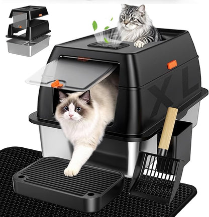 Extra Large Stainless Steel Litter Box with Lid, High Sided Enclosed Metal Cat Litter Pan, Dog Proof Front Entry Top Exit, Odor Control Easy Clean Leak Proof, Includes Mat, Scoop & Step, Black