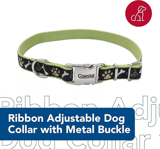 Coastal Pet - Ribbon - Adjustable Dog Collar with Metal Buckle, Red with Paws, 5/8" x 12"-18"