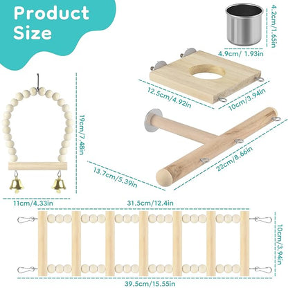 5in1 Bird Perch Ladder with Swing, Natural Wood Parrot Perches Platform with Stainless Steel Feeding Cup, Play Gyms Stands Playground for Budgie Conure Lovebird Canary Hamsters