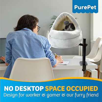 Cat Desk Bed with Scratching Post – Elevated Modern Perch for Desk, Window, or Shelf Use – Dual-Purpose Flat Surface or Plush Bed for Napping & Lounging – Space-Saving Indoor Cat Furniture