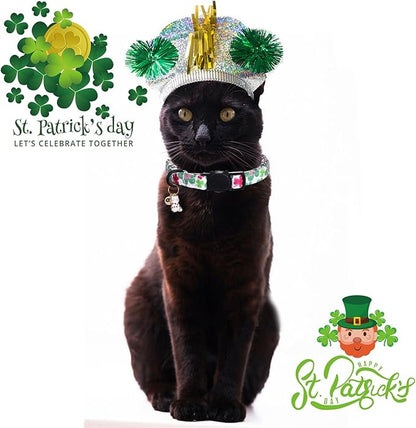 Elegant little tail St Patrick's 2 Pack Cat Collar- Trefoil Print Cotton Breakaway Cat Collars with Bell Pendant Kitten for Boy Girl Safety Adjustable Collar for Small Cats Puppy