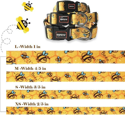 QQPETS Adjustable Soft Dog Collar: Print Flower Pink Multicolor Cute Patterns for XS Small Medium Large Pet Girl Boy Puppy Walking Running Training (M, Yellow Bee)