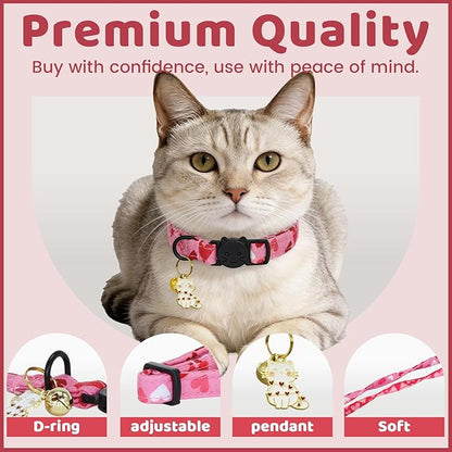 Valentine Cat Collar-2 Pack Collars Red and Pink Love-Heart Print Breakaway with Kitten and Bell Pendant Safety Buckle Adjustable Pet Collar for Cats Gift for Cats and Small Pets