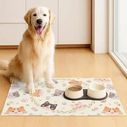 Cat Feedings Mats 20x12 inch Beige Cat Print Pet Bowl Placemat Non Slip Mat for Cats Food and Water Indoor Kitty Feeding Station Cute Cats Meal Mat for Small Pets Kitchen Floor Use