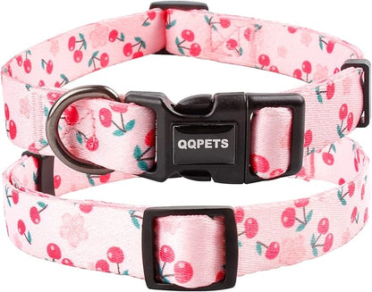 QQPETS Adjustable Soft Dog Collar: Print Flower Pink Multicolor Cute Patterns for XS Small Medium Large Pet Girl Boy Puppy Walking Running Training (L, Sakura Pink)