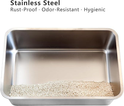 XXL Stainless Steel Cat Litter Box, Includes Catnip Fish Toy & Wand Feather Toy Refill, Extra-Large Metal Litter Pan for Big Cats & Multi-Cat Homes, Pet Toilet Supplies for Kitten