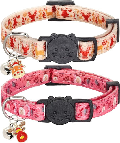 Christmas Cat Collar, Cotton 2 Pack Cat Collar with Bells, Breakaway Collars for Girl Boy Kittens, Reindeer