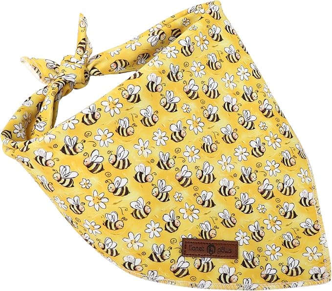 Lionet Paws Spring Summer Bee Dog Bandana Washable Cotton Handkerchief Scarf Triangle Yellow Bandana for Small Medium Large Dogs Girl Boy