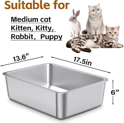 Stainless Steel Litter Box, Metal Litter Box, Cat Litter Box for Kitten, Kitty, Rabbit, 6" High Side Cats Litter Boxes, Cat LitterBox, No Smell, Non Stick, Easy to Clean