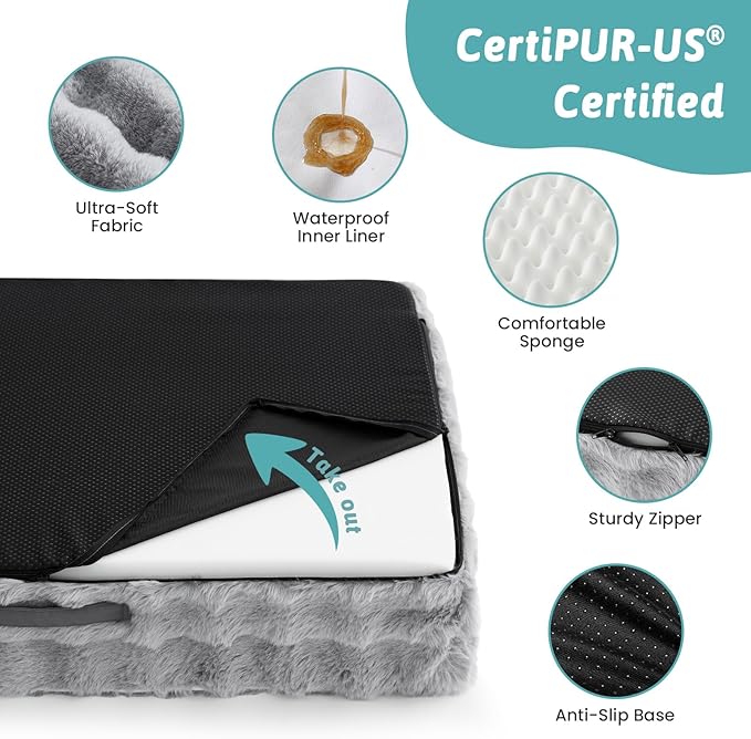 Orthopedic Dog Bed for Extra Large Dog, Soft and Warm Faux Fur Sofa for Giant Pet Up to 150 lbs, Foam Bolster Anti-Slip Couch with Washable Removable Cover, XXL 48x35x8 inch, Grey