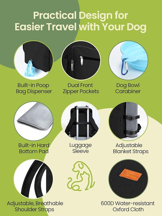 Dog Travel Bag All-in-One Set: DELOMO 25L Airline Approved Dog Travel Backpack with 2 Food Containers + 2 Collapsible Bowls + 1 Waterproof Mat for Weekend to Week-Long Pet Travel, Camping, Road Trips