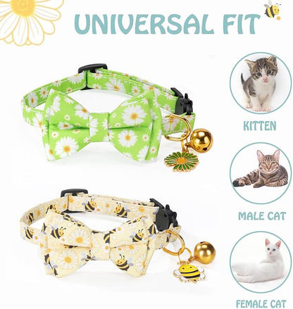 Breakaway Cat Collar with Cute Bow Tie Bell 2Pack Daisy Bee Pattern for Male Female Soft Cotton Kitty Kitten Cute Summer Spring Collar Ideal for Girl Boy Male Cats
