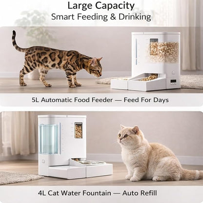 Waithem Wi-Fi Automatic Pet Feeder and Waterer for Cats&Dogs, 2-in-1 Set 5L Large Capacity for 2 Weeks, Intuitive App Operation, 2 Way Power Supply, Detachable for Cleaning