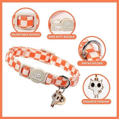 Cat Collar-2Pack Autumn Orange Plaid Kitten Collars-Halloween Plaid Breakaway Kitty Collars-Cute Kitty Pendants,Yellow Orange Grid Cat Collar with Bell, for Girl & Boy Cats