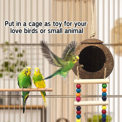 Hanging Coconut Birds House with Ladder,Natural Coconut Fiber Shell Bird Nest for Parrot Parakeet Lovebird Finch Canary,Coconut Hide Birds Swing Toys for Hamster,Bird Cage Accessories,Pet Bird Supply