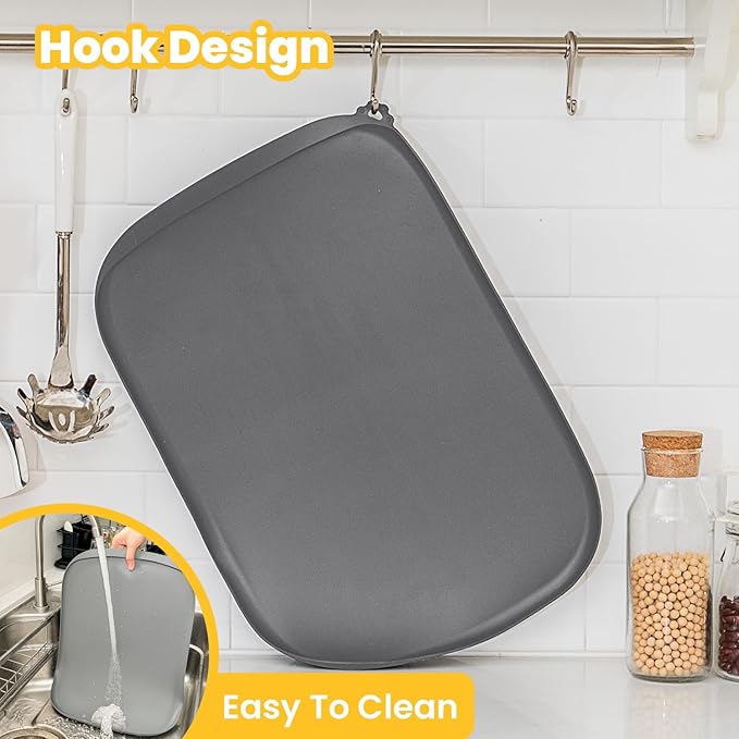 Silicone Dog Food Mat with Side Pocket & Hook Hole, Soft Raised Edges, Easy Clean Waterproof Non-Slip Pet Feeding Mat for Cats and Dogs Water Bowl, Pets Accessories(18"x12",Grey)