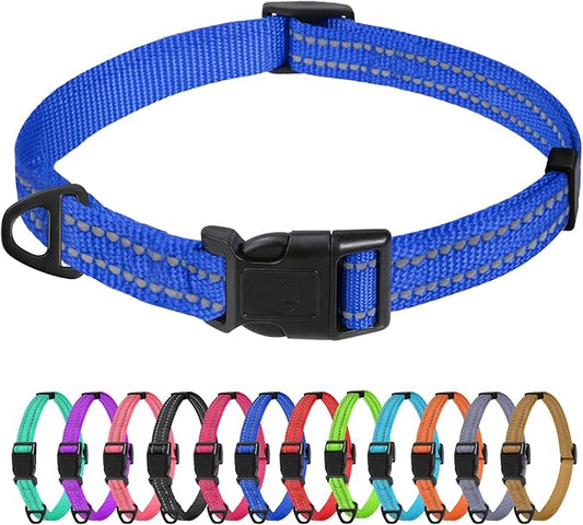 TagME Reflective Nylon Dog Collars, Adjustable Classic Pet Collar with Quick Release Buckle for Extra Small Dogs, Royal Blue, 5/8" Width