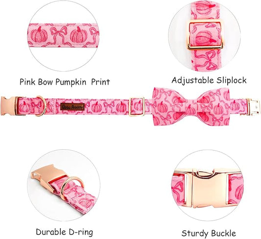 Dog Collar, Pink Pumpkin Print Adjustable Pet Collar Cute Cotton Soft Collars with Bow Tie Fall Metal Buckle Holiday Puppy Collars Boy&Girl Gift for X-Large Dogs