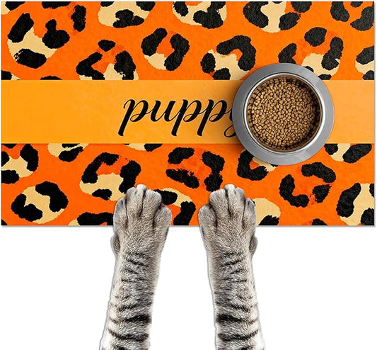 Puppy Feeding Mat 24x16 inch Orange Leopard Print Pet Bowl Placemat Non Slip Floor Mat for Food and Water Indoor Dog Feeding Station Cute Meal Pad for Small Pets Kitchen Use