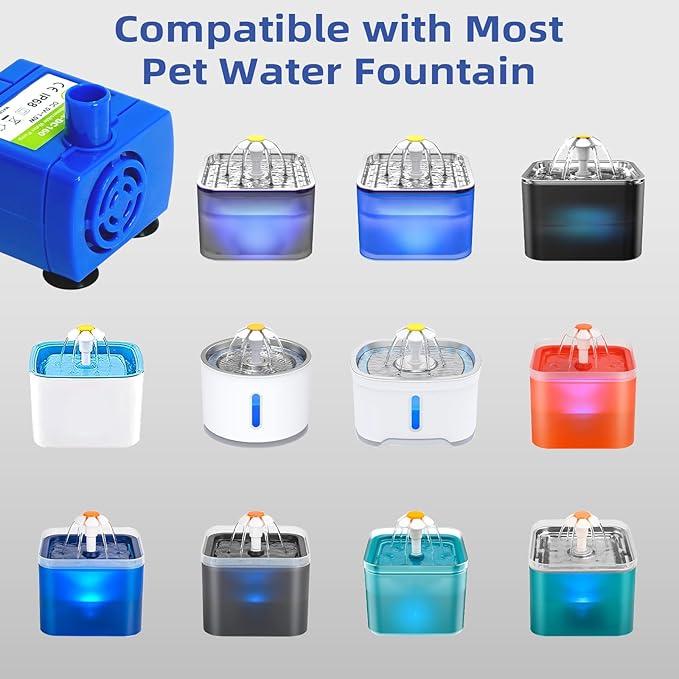 IP68 DR-DC160 Submersible Water Pump Cat Water Fountain Pump for Tritone Ceramic Stainless Steel Round Flower Cap Cat Fountains Automatic Pet Water Dispenser Replacement Pump (with LED&Adapter&Brush)