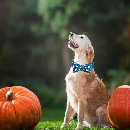 Halloween Dog Collar, Ghost Print Adjustable Pet Collar Blue Cute Cotton Soft Collars with Bow Tie Fall Metal Buckle Holiday Puppy Collars Boy&Girl Gift for Small Dogs