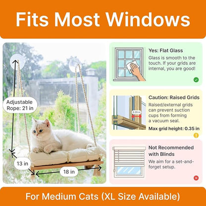 Cat Hammock with Industrial-Grade Suction Cups - Solid Pine Wood Seat, Soft Cushion - 42 lb Capacity