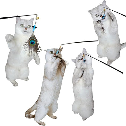 Interactive Cat Toys - 10 PCS Cat Retractable Wand Toy and Feather Toys Refills, Enrichment Toys for Indoor Cats,Kitty Toys on a Stick,Kitten Toy Small Feather Insects