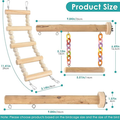 Bird Perches Ladder with Swing, Natural Wood Parrot Climbing Bridge Perch Toys, Exercise Play Stand Parakeet Cage Accessories for Budgie Cockatiel Green-Cheeked Conure Caique