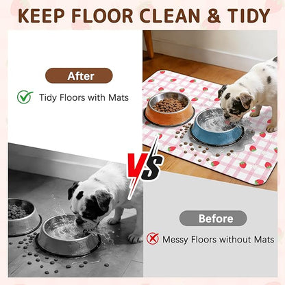 Dog Food Mat for Bowls, Absorbent Quick Dry Dog Cat Mats for Food and Water, Non-Slip Backing Pet Mat Pet Supplies - Strawberry Pattern