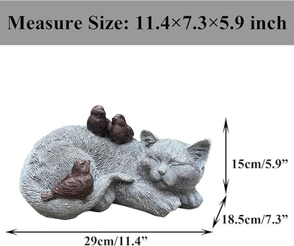Cat Statue Outdoor Garden Decor - 11.4" Sparrows on Cat Figurine Memorial Grave Markers Garden Resin Sculpture for Outdoor Decoration, Pet Statues Gifts for Loss of Tabby Sympathy 11.4" x 7.1" x 4.6"