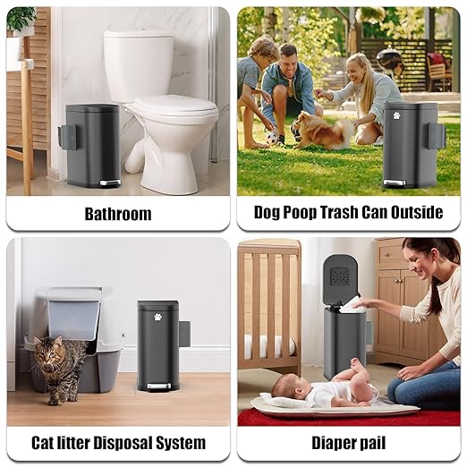 Dog Poop Trash Can Outside with Odor Control Lid & Step Pedal, 3.2Gal Stainless Steel Outdoor Trash Can, Waterproof Dog Waste Container - Includes 3 Carbon Filters & Bin Bag Holder