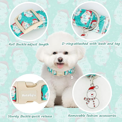 Christmas Dog Collar，Soft Cotton Dog Collars for Small Dogs, Dog Christmas Collar with Santa for Small Medium Large Dogs, Adjustable Green Collars Perfect for Girl or Boy Dog Collars-S