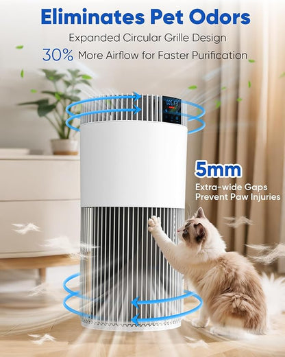 Air Purifier for Home Large Room 2500 Ft² with Washable Filters, Pet Air Purifier for Bedroom with PM2.5 Sensor, 20dB Sleep Mode, 360° Purification,12H Timer,Remove Dust, Odor, Smoke,White