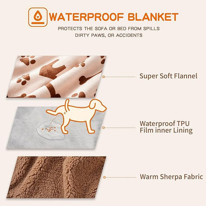Waterproof Dog Blankets Pet Blanket 60"x80", Soft Fluffy Sofa Car Bed Protector, Reversible Sherpa Fleece Dog Blanket for Large Dogs (Beige-House)