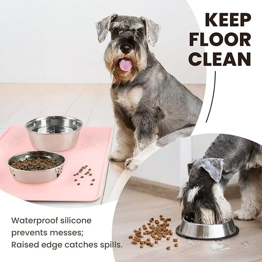 VIVAGLORY Dog Food Mat Flexmat Dog Bowl Mat, Placemat Food Tray with Raised Edges & Lip for Indoor Floor, Non Slip Waterproof Silicone Dish Placemat for Cat & Pet, L, Sakura Pink