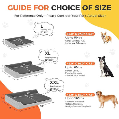 Dog Bed Large Sized Dogs, Orthopedic Dog Bed for Large Dogs, Waterproof Pet Bed with Washable Removable Cover, L-Shaped Pet Couch with Portable Handle 36"x27"x6.5", Grey Flannel