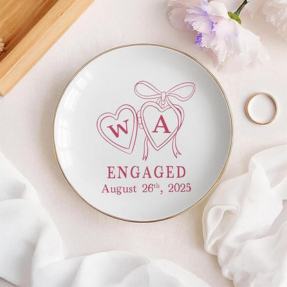 Personalized Locket Wedding Ring Dish, Custom Initial Engaged Rings Holder, Custom Wedding Jewelry Tray, Married Trinket Dishs, Engagement Party Keepsake Gifts for Newly Engaged Couple