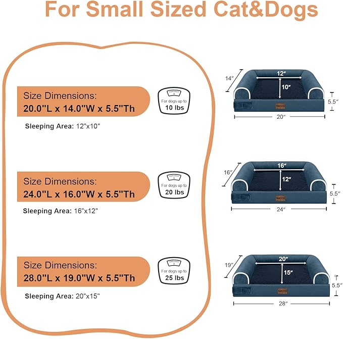 Small Dog Bed Orthopedic Washable: Beds Bolster Small Sized Dogs Cats Bed Egg Crate Foam Couch Sofa Waterproof with Removable Cover - Navy Blue