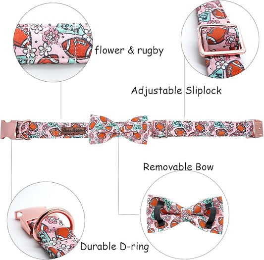 Dog Collar - Rugby with Flower Pet Collar Bows for Dogs Bowtie Pet Collar Adjustable Dog Collar Girl Boy Puppy Collar for X-Small Dogs