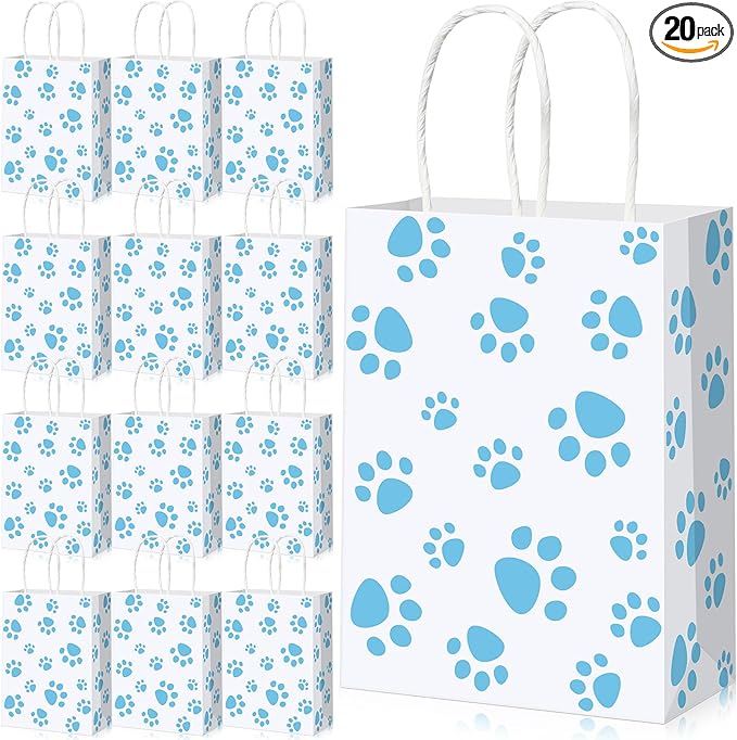 Blulu 20 Pcs Puppy Dog Paw Gift Bags with Paper Twist Handles, Dog Gift Paper Paw Treat Goodie Bags for PET Treat Party Favor, 6.3 x 3.1 x 8.6 Inch(White Backing, Blue Paws)
