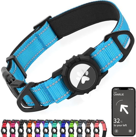 Joytale Airtag Dog Collar, Reflective Pet Collar with Waterproof AirTag Holder, Dual D-Rings, Soft Padded Adjustable for Extra Large Dogs, SkyBlue, XL