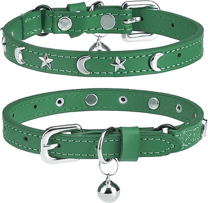Leather Cat Collars for Boy Girl Cats with Bell and Safety Elastic Belt, Personalized Star and Moon Stud Adjustable Safe Buckle Collar for Kitty Small Big Cats Size 7-9 Inch, Green