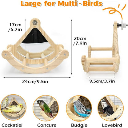 Bird Perch Toy with Mirror for Cage, Interactive Rocking Parakeet Toys and Perches, Wood Exercise Wheel Cockatiel Toys, Birds Enrichment Toy for Parrot, Bird Cage Accessories Perch for Budgies Conure