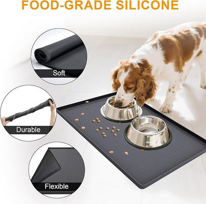 Mofason Pet Food Mat Waterproof Dog Mat 24”x16” Large – 0.5” inch Raised Edge,Cat Silicone Feeding Placemat Water Bowl Tray for Floors, Nonslip Washable Dog Mat for Food and Water